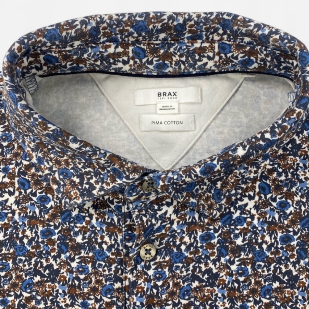 Brax Short Sleeve Blue Floral Polo Shirt Pima Cotton Men’s Size Large - Picture 2 of 8